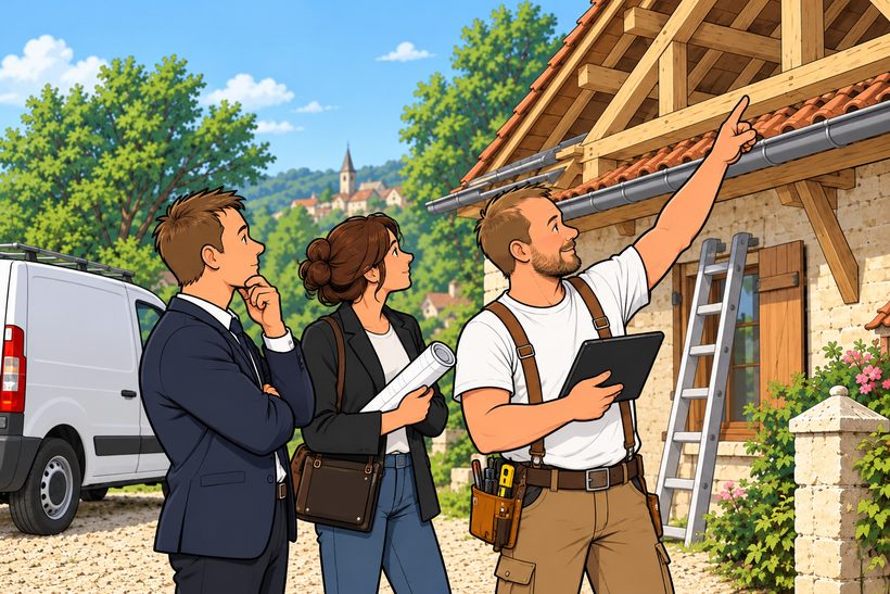 Lou et une agente immobilière examinant la charpente d'une maison