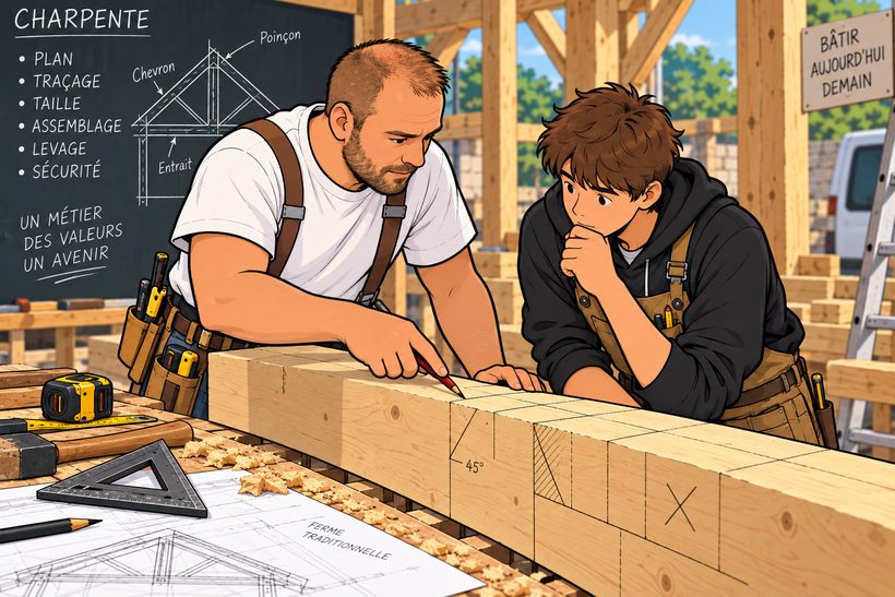 Lou montrant un tracé d'épure à un apprenti sur une pièce de bois