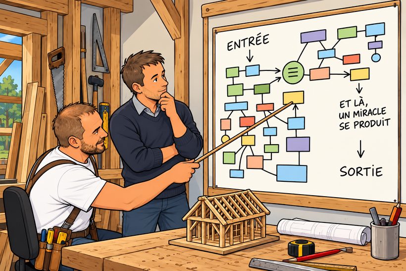 Lou et un client devant un organigramme de démarches d'urbanisme
